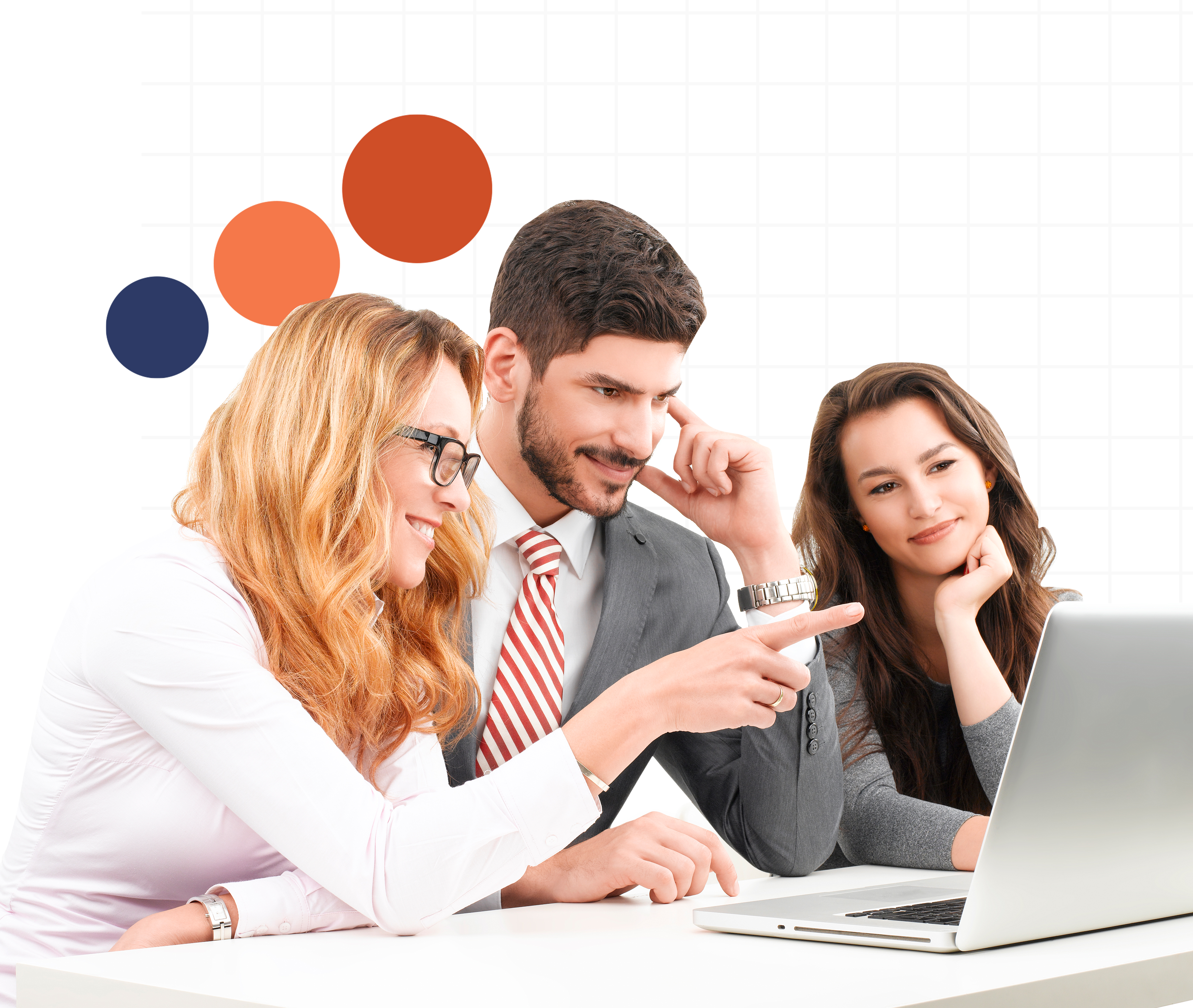 group of marketing professionals smiling while using a laptop, with growth icons illustrating lead nurturing and goal achievement